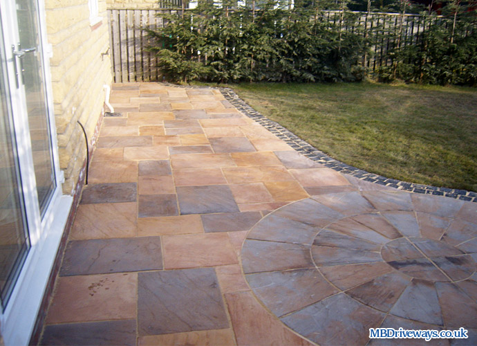 patio, edging, bradstone, old riven, flagstone, paving, border, setts, granite, circle